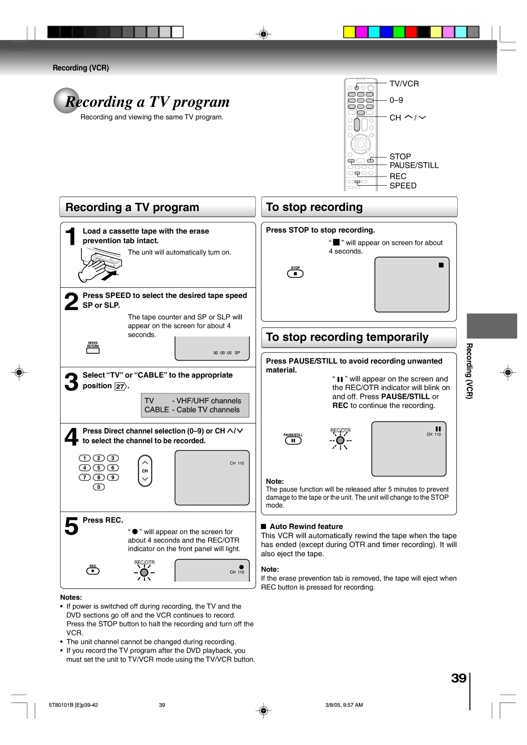 Toshiba MW24F51, MW20F51, MW27F51 owner manual Recording a TV program, To stop recording temporarily, Recording VCR 