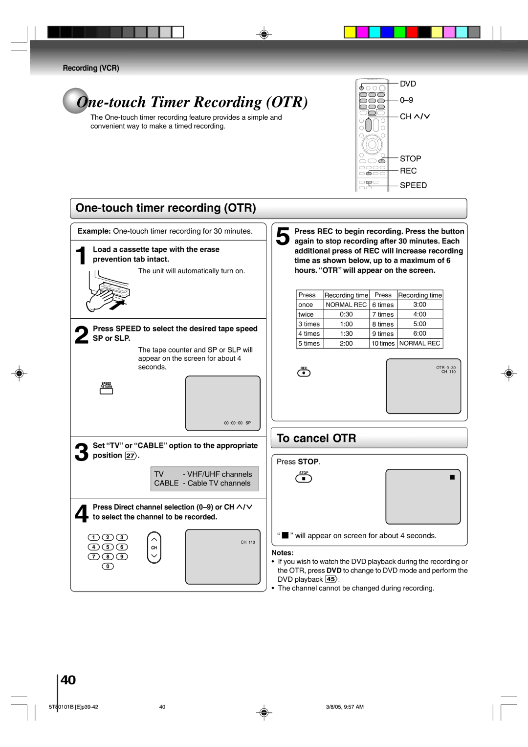 Toshiba MW20F51, MW24F51, MW27F51 owner manual One-touch Timer Recording OTR, One-touch timer recording OTR, To cancel OTR 