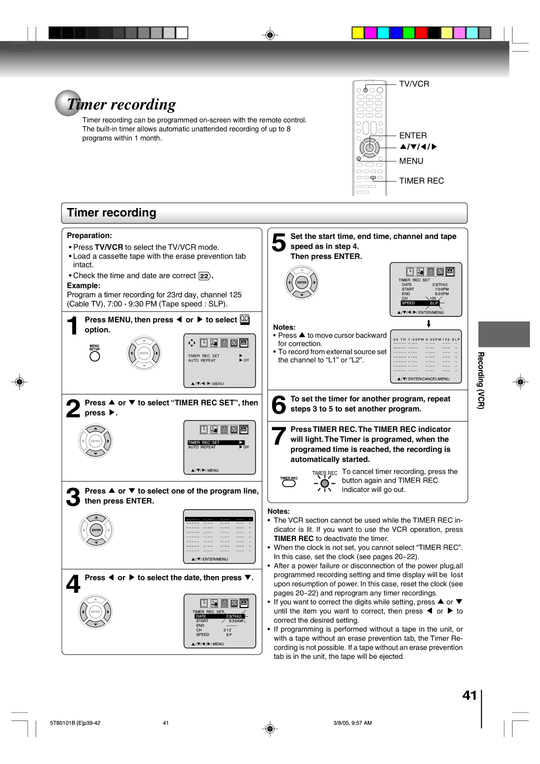 Toshiba MW27F51, MW24F51, MW20F51 owner manual Timer recording, Example, Speed as in step Then press Enter 