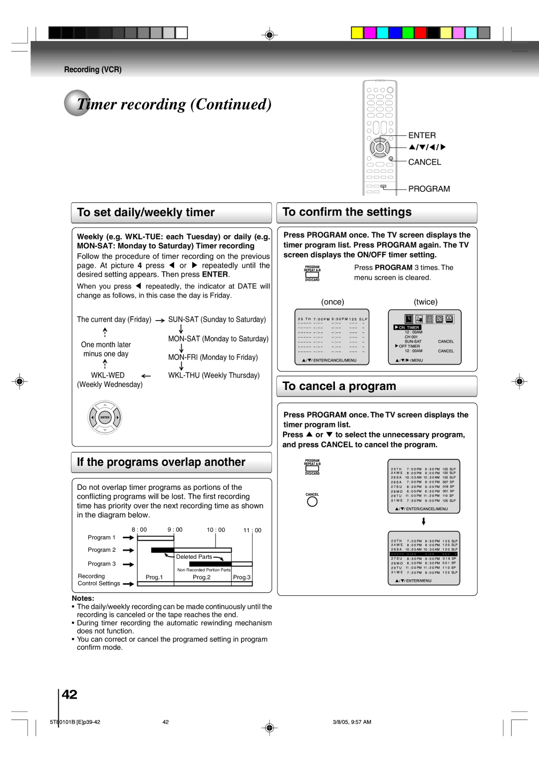 Toshiba MW24F51 To set daily/weekly timer To confirm the settings, To cancel a program If the programs overlap another 