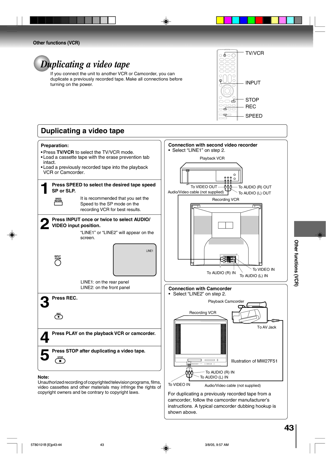 Toshiba MW20F51, MW24F51, MW27F51 owner manual Duplicating a video tape, Other functions VCR, Vcr 