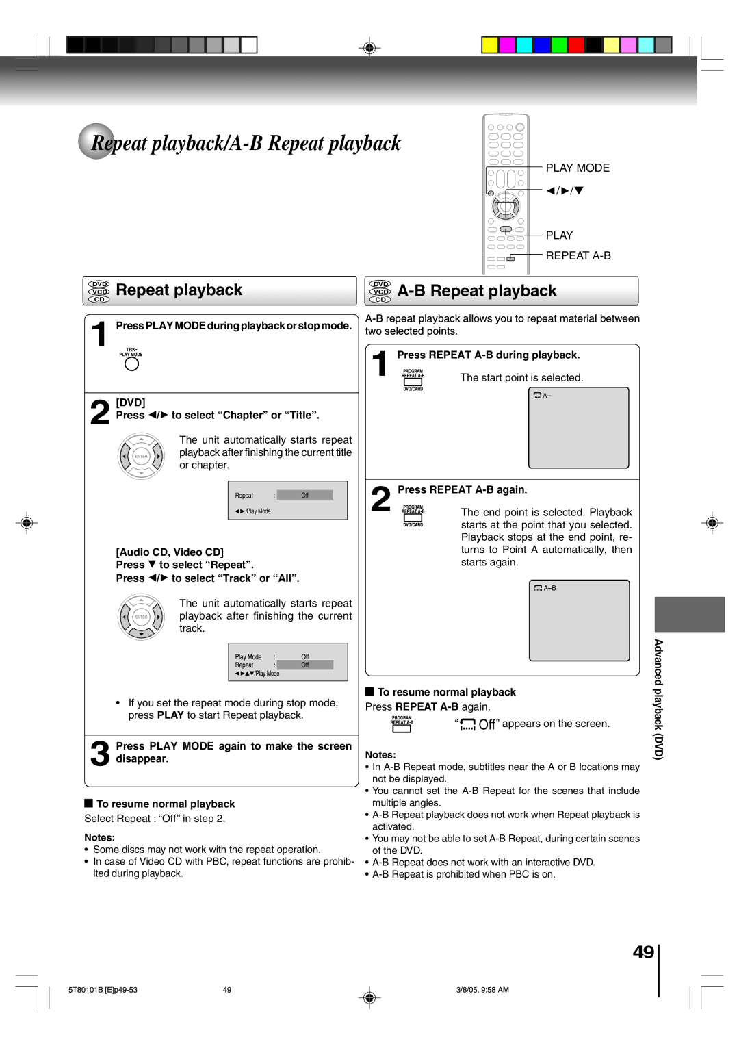 Toshiba MW20F51, MW24F51, MW27F51 Repeat playback/A-B Repeat playback, VCD Repeat playback, VCD A-B Repeat playback 