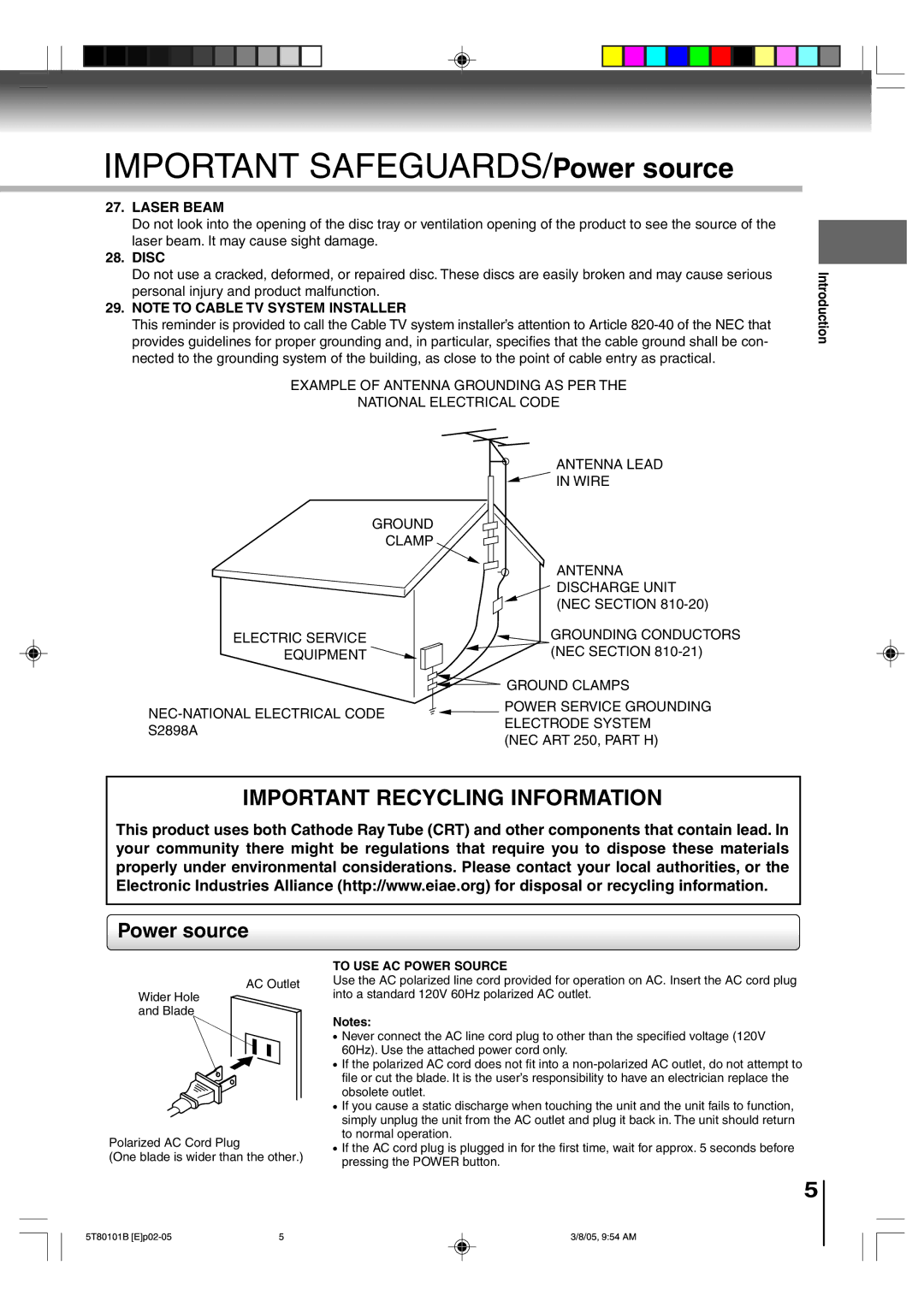 Toshiba MW27F51, MW24F51, MW20F51 owner manual Power source, Disc, To USE AC Power Source 