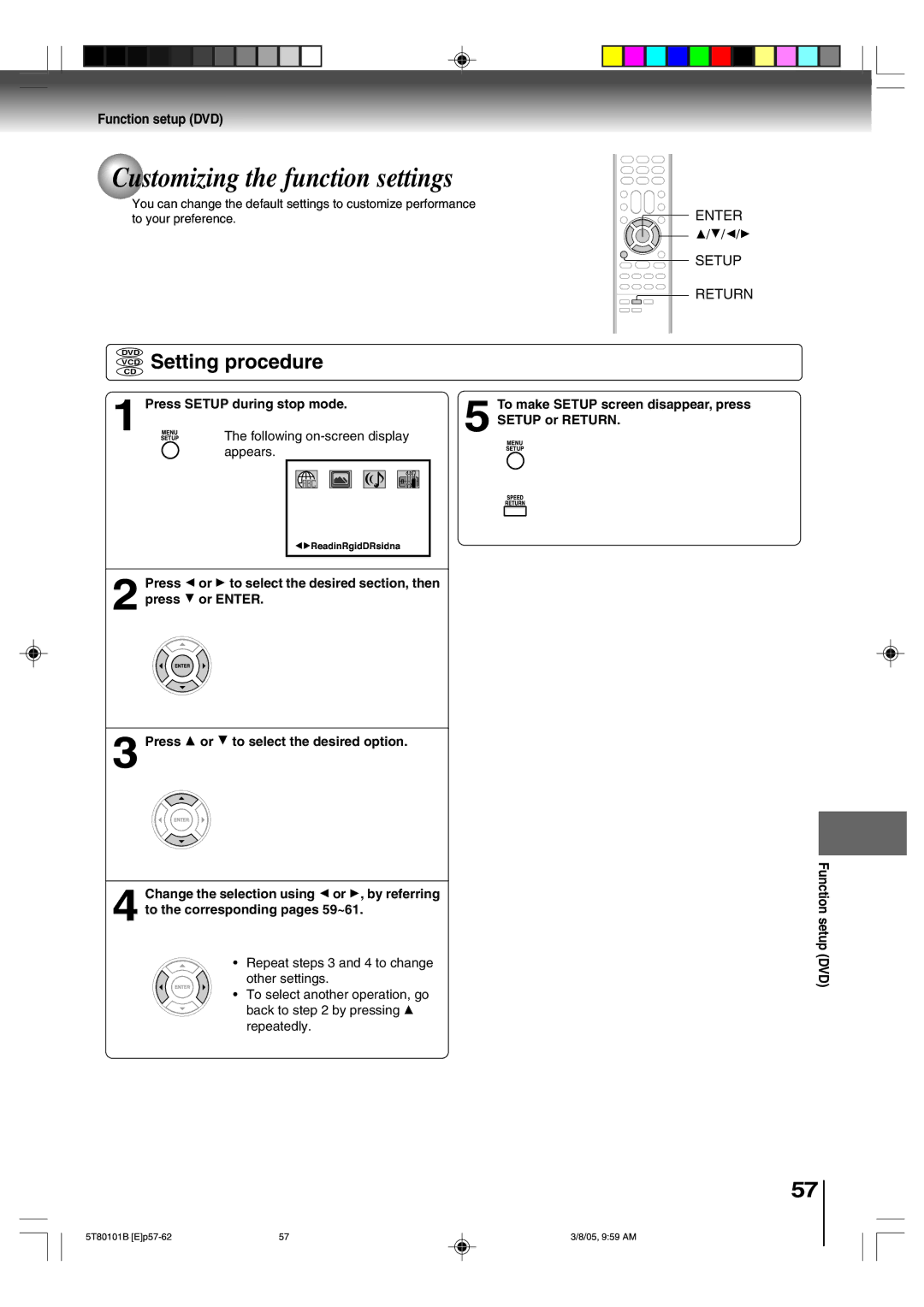 Toshiba MW24F51, MW20F51, MW27F51 owner manual Customizing the function settings, Setting procedure, Function setup DVD 