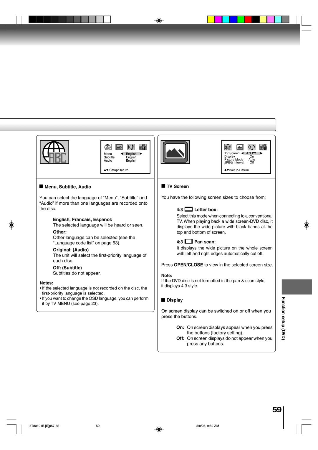 Toshiba MW27F51 Menu, Subtitle, Audio, English, Francais, Espanol, Other, Original Audio, Off Subtitle, TV Screen, Display 