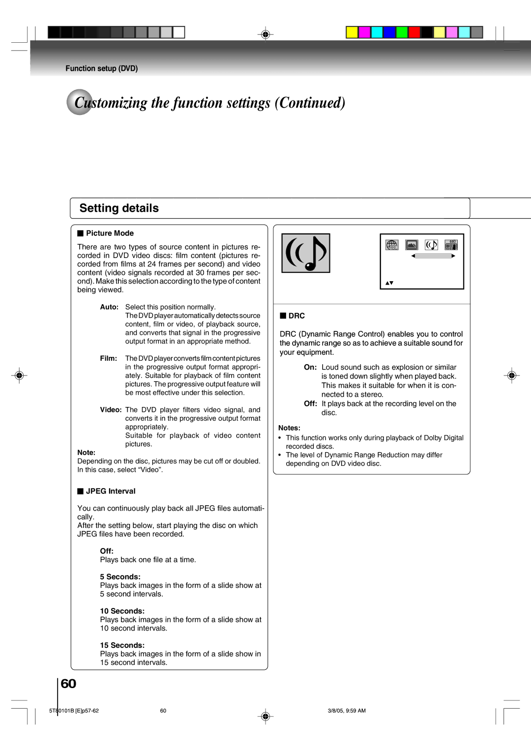 Toshiba MW24F51, MW20F51, MW27F51 owner manual Picture Mode, Drc, Jpeg Interval, Off, Seconds 