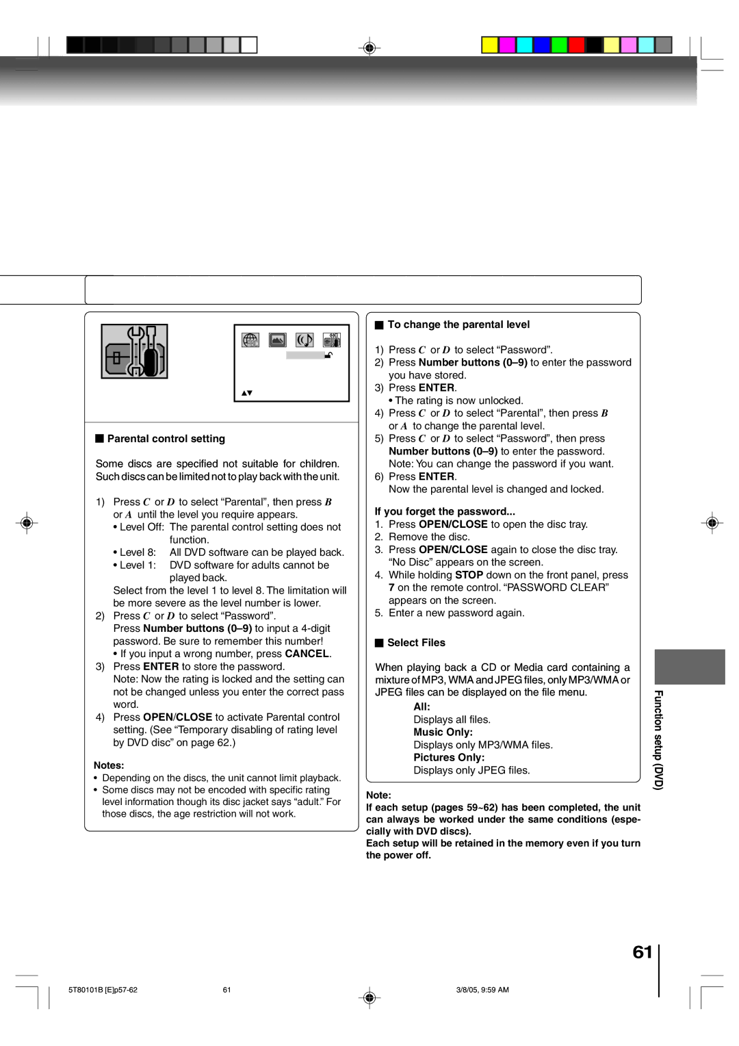 Toshiba MW20F51 Parental control setting, To change the parental level, If you forget the password, Select Files, All 