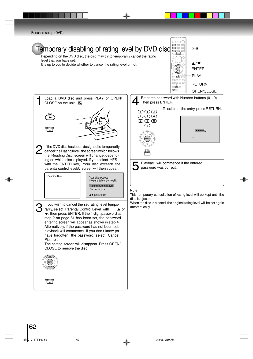 Toshiba MW27F51, MW24F51, MW20F51 Temporary disabling of rating level by DVD disc, Load a DVD disc and press Play or Open 