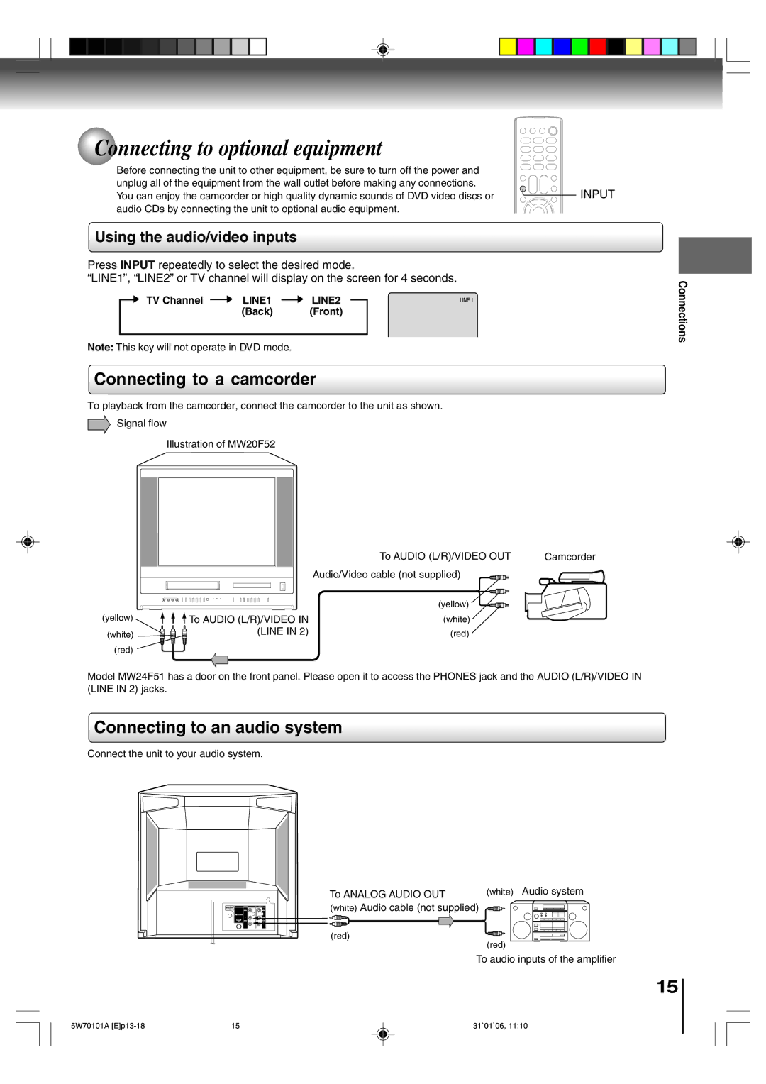 Toshiba MW20F52 Connecting to optional equipment, Connecting to a camcorder, Connecting to an audio system, LINE1 LINE2 