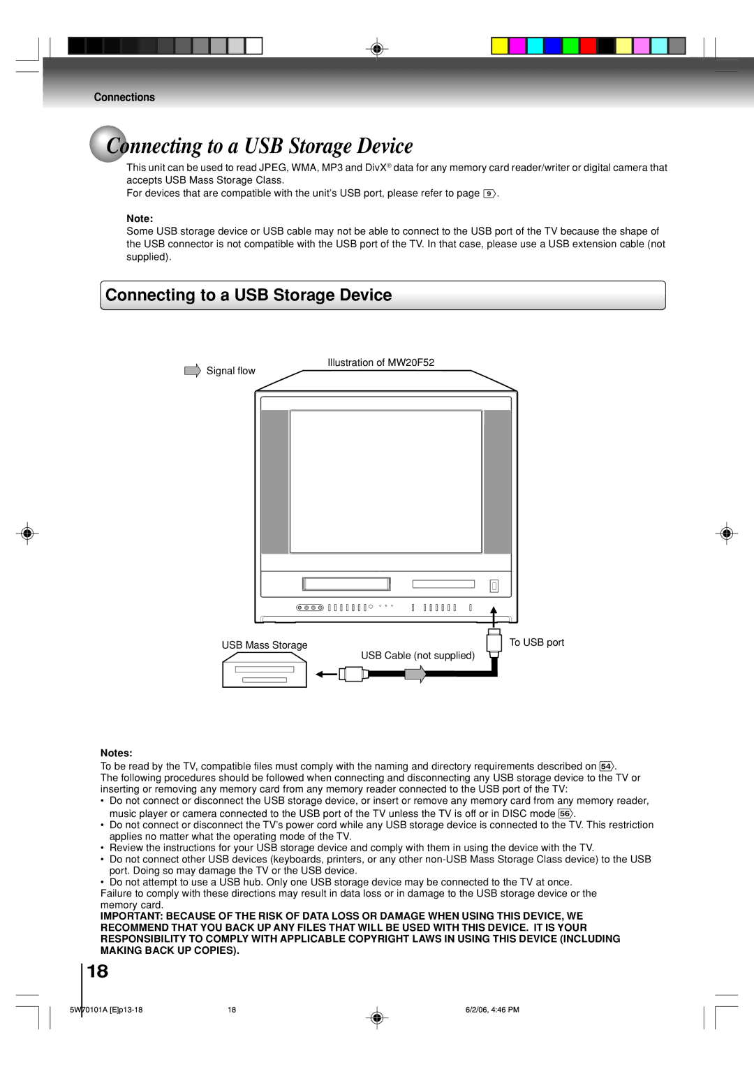 Toshiba MW24F52, MW20F52 owner manual Connecting to a USB Storage Device 