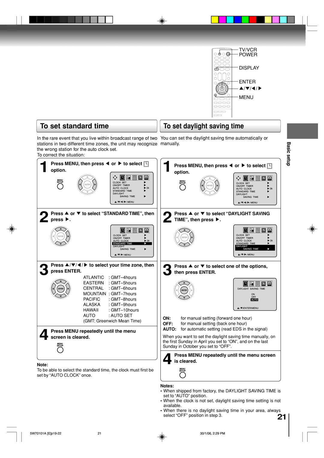 Toshiba MW20F52, MW24F52 owner manual To set standard time, To set daylight saving time 