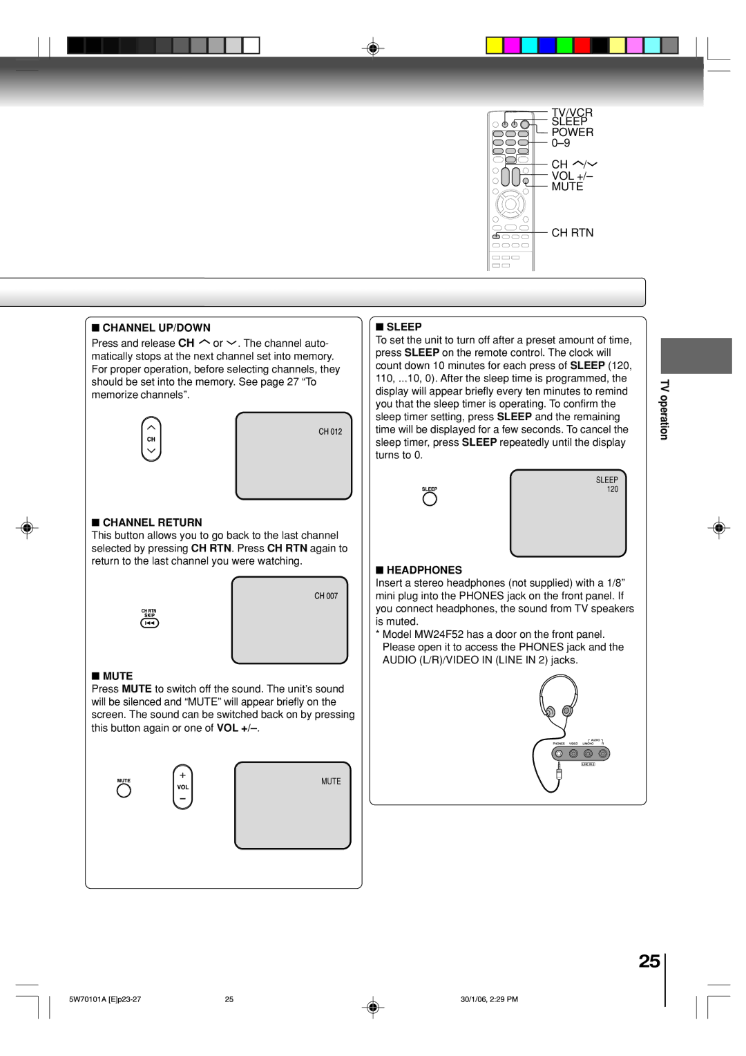 Toshiba MW20F52, MW24F52 owner manual Channel UP/DOWN, Channel Return, Mute, Sleep, Headphones 