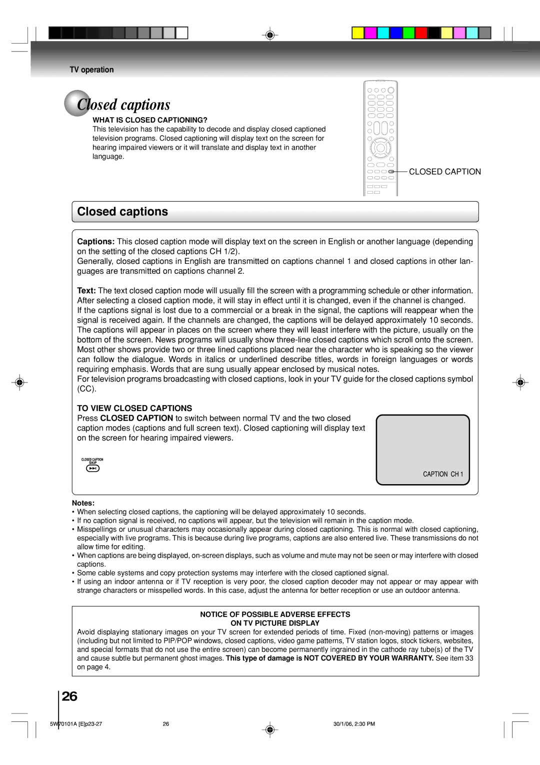 Toshiba MW24F52, MW20F52 owner manual Closed captions, What is Closed CAPTIONING?, On TV Picture Display 