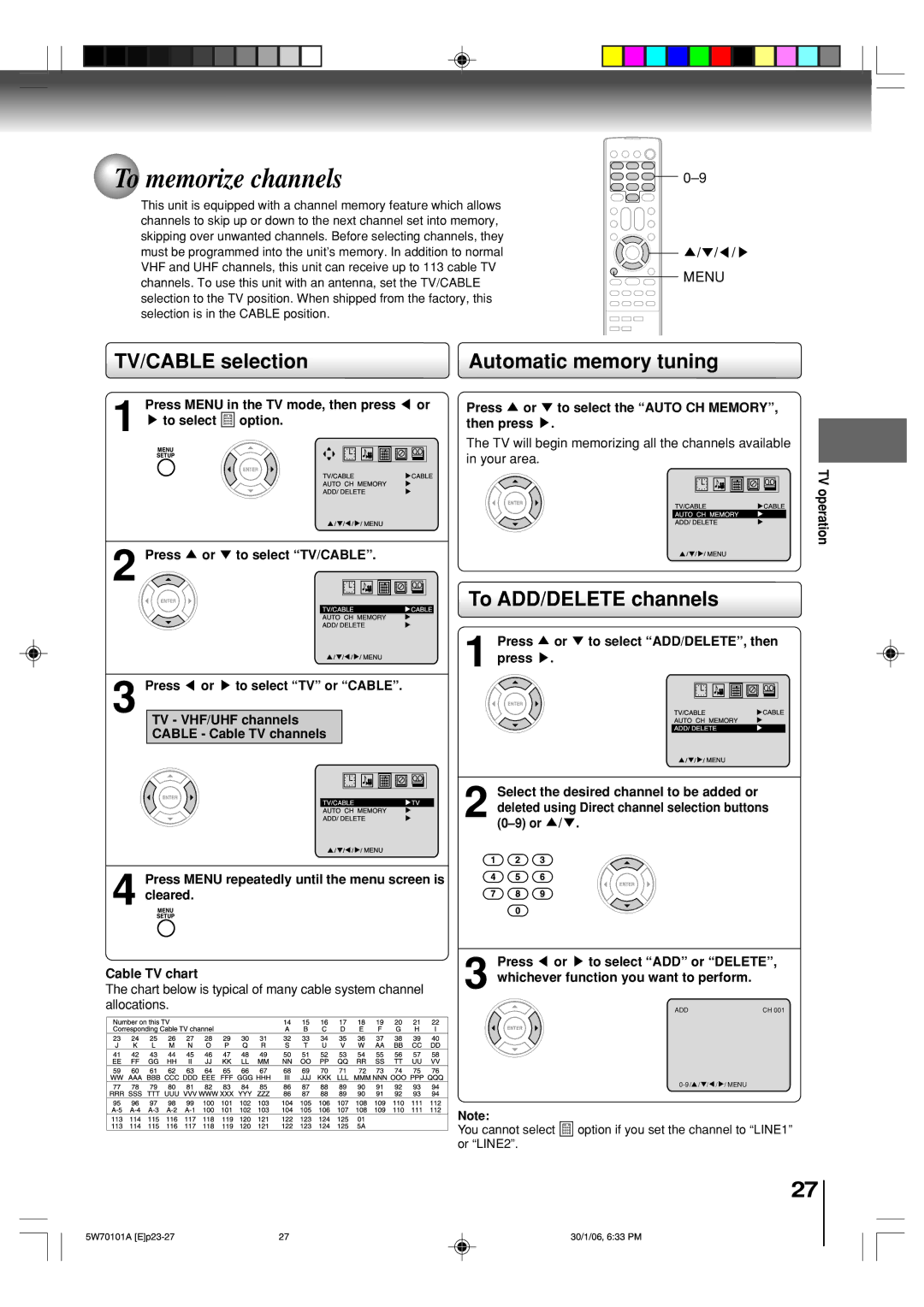 Toshiba MW20F52, MW24F52 To memorize channels, TV/CABLE selection, Automatic memory tuning, To ADD/DELETE channels 