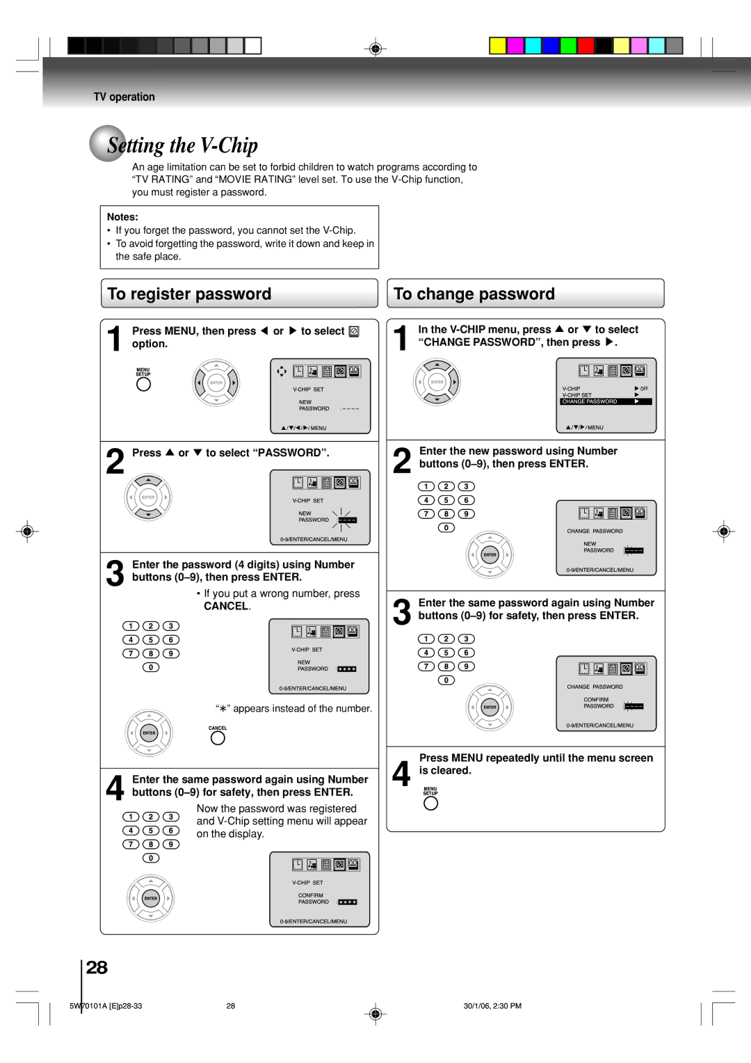 Toshiba MW24F52, MW20F52 owner manual Setting the V-Chip, To register password To change password, Cancel 