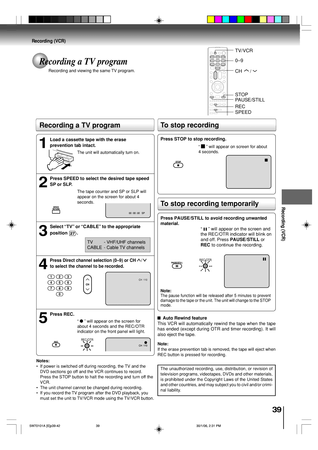 Toshiba MW20F52, MW24F52 owner manual Recording a TV program, To stop recording temporarily, Recording VCR 