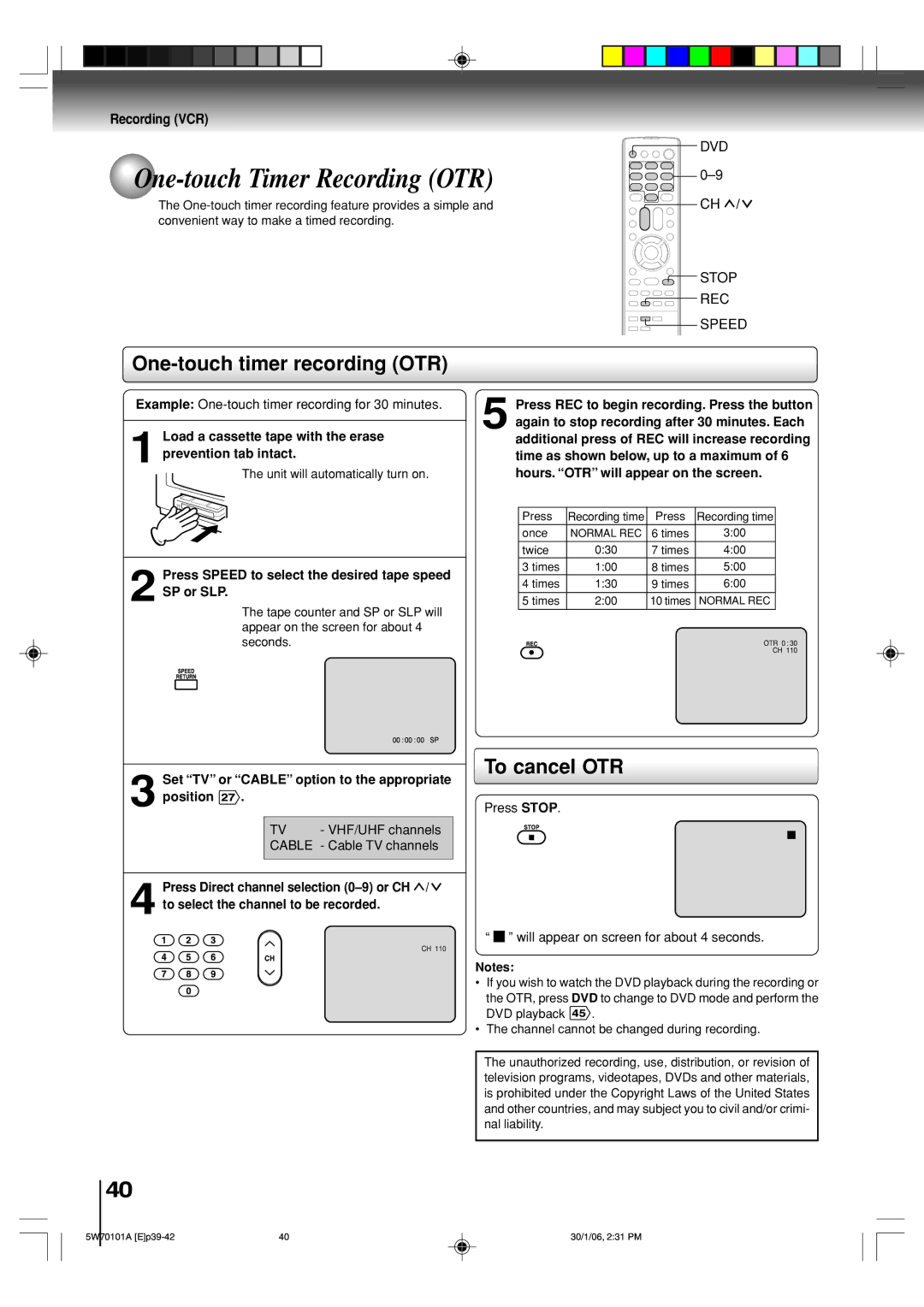 Toshiba MW24F52, MW20F52 One-touch timer recording OTR, To cancel OTR, Set TV or Cable option to the appropriate Position 