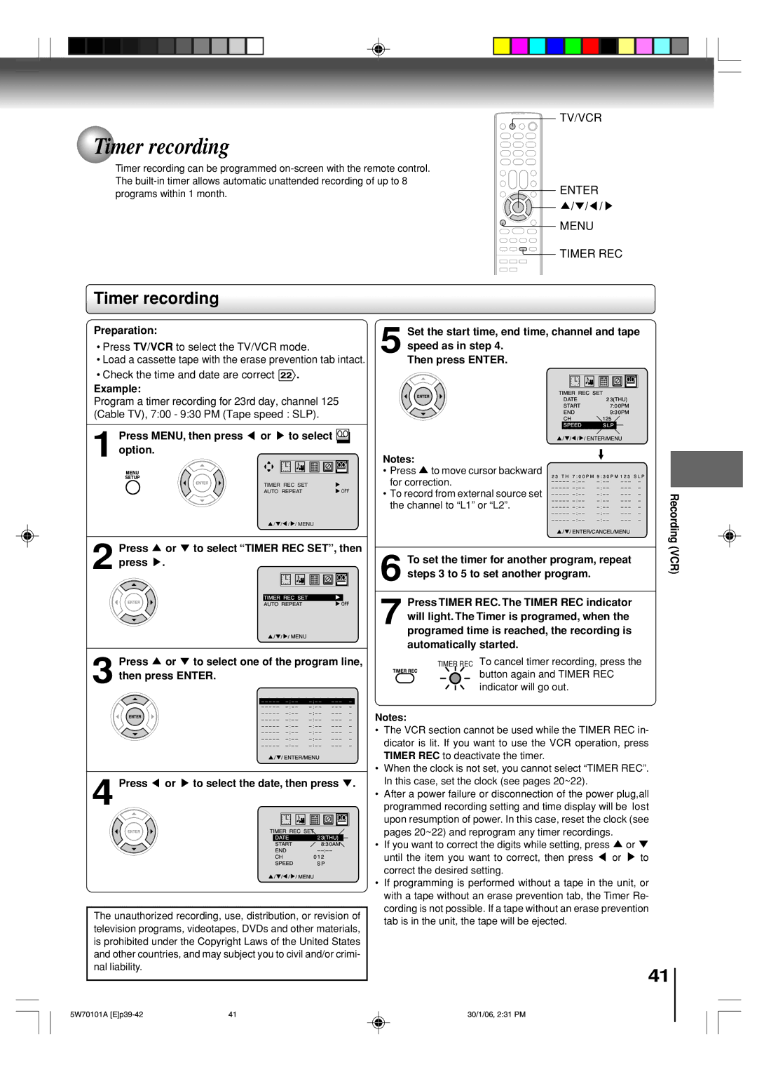 Toshiba MW20F52, MW24F52 owner manual Timer recording, Vcr 