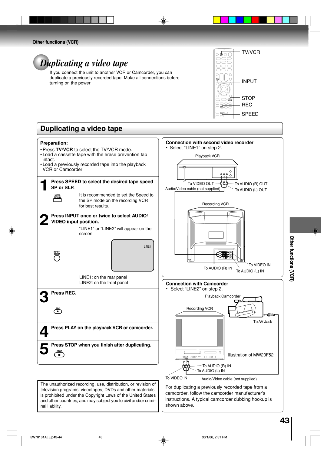 Toshiba MW20F52, MW24F52 owner manual Duplicating a video tape, Other functions VCR 