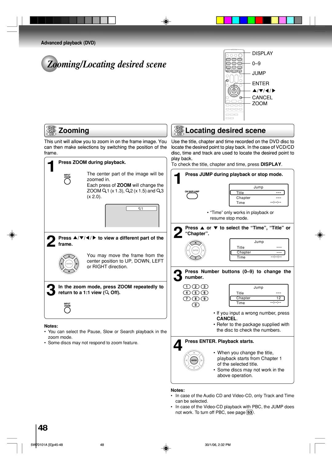 Toshiba MW24F52, MW20F52 owner manual VCD Zooming, VCD Locating desired scene, Advanced playback DVD 