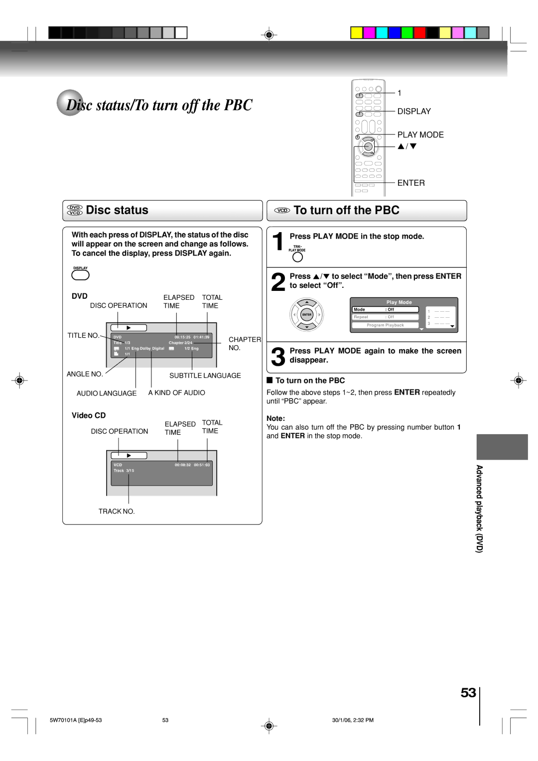 Toshiba MW20F52, MW24F52 owner manual Disc status/To turn off the PBC, Vcddvd Disc status, VCD To turn off the PBC, Video CD 