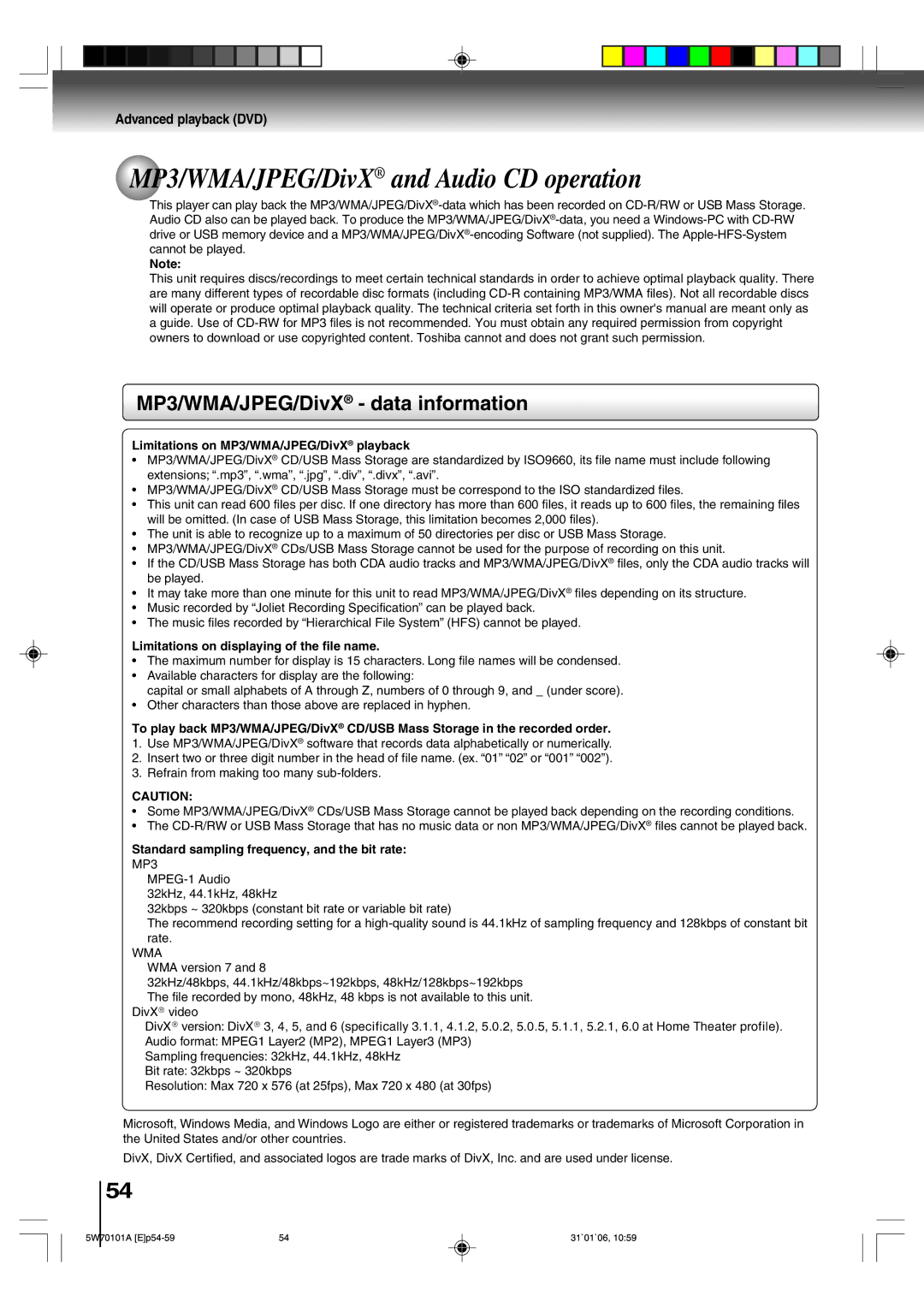 Toshiba MW24F52, MW20F52 owner manual MP3/WMA/JPEG/DivX and Audio CD operation, MP3/WMA/JPEG/DivX data information 