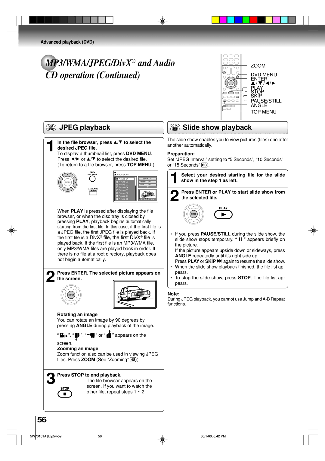 Toshiba MW24F52, MW20F52 owner manual CD operation, Jpeg playback, Slide show playback 