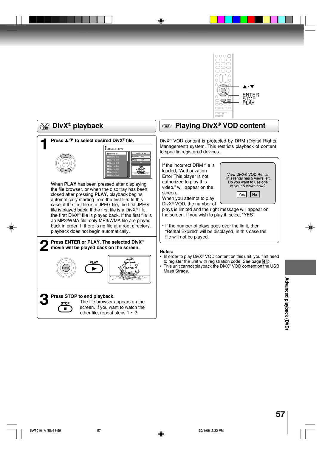 Toshiba MW20F52, MW24F52 owner manual DivX playback Playing DivX VOD content, Press Stop to end playback 