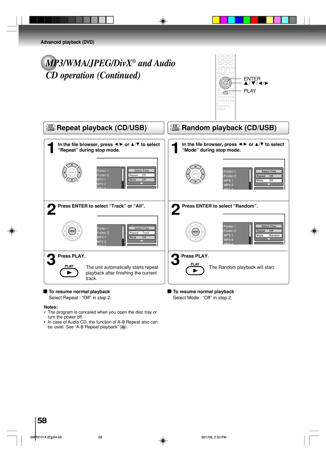 Toshiba MW24F52, MW20F52 owner manual Random playback CD/USB 