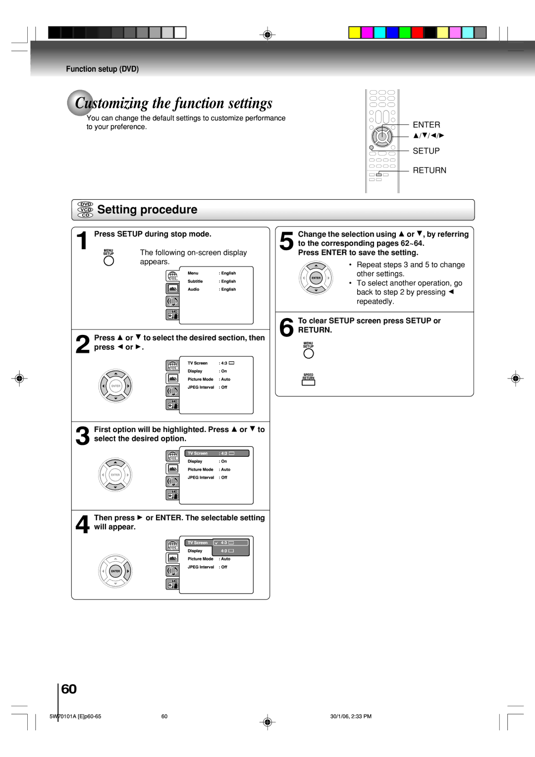 Toshiba MW24F52, MW20F52 owner manual Customizing the function settings, Setting procedure, Function setup DVD, Return 