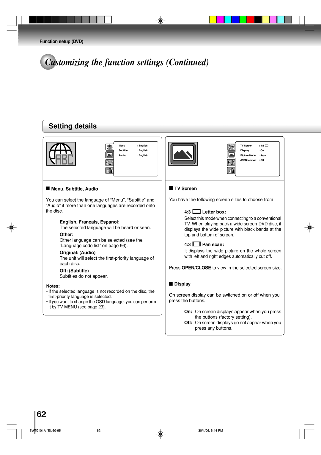 Toshiba MW24F52 Menu, Subtitle, Audio, English, Francais, Espanol, Other, Original Audio, Off Subtitle, TV Screen, Display 