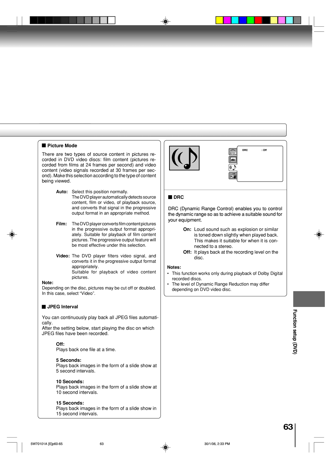 Toshiba MW20F52, MW24F52 owner manual Picture Mode, Jpeg Interval, Off, Seconds, Drc 