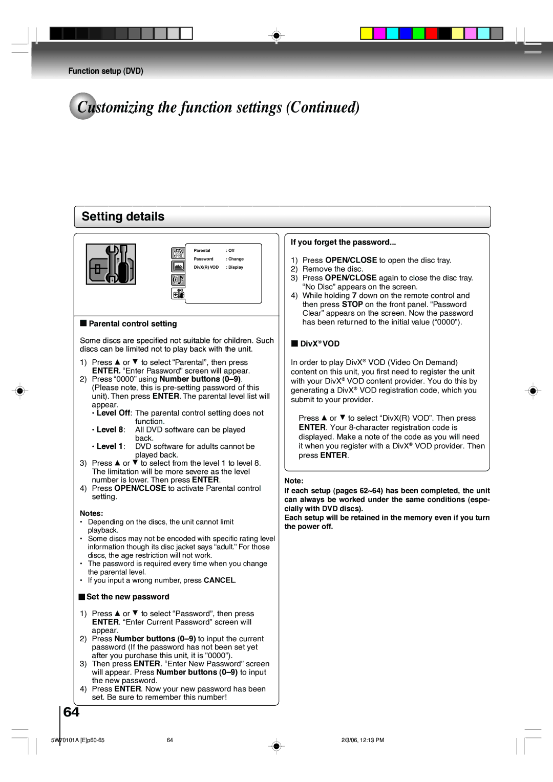 Toshiba MW24F52, MW20F52 owner manual Parental control setting, If you forget the password, DivX VOD 