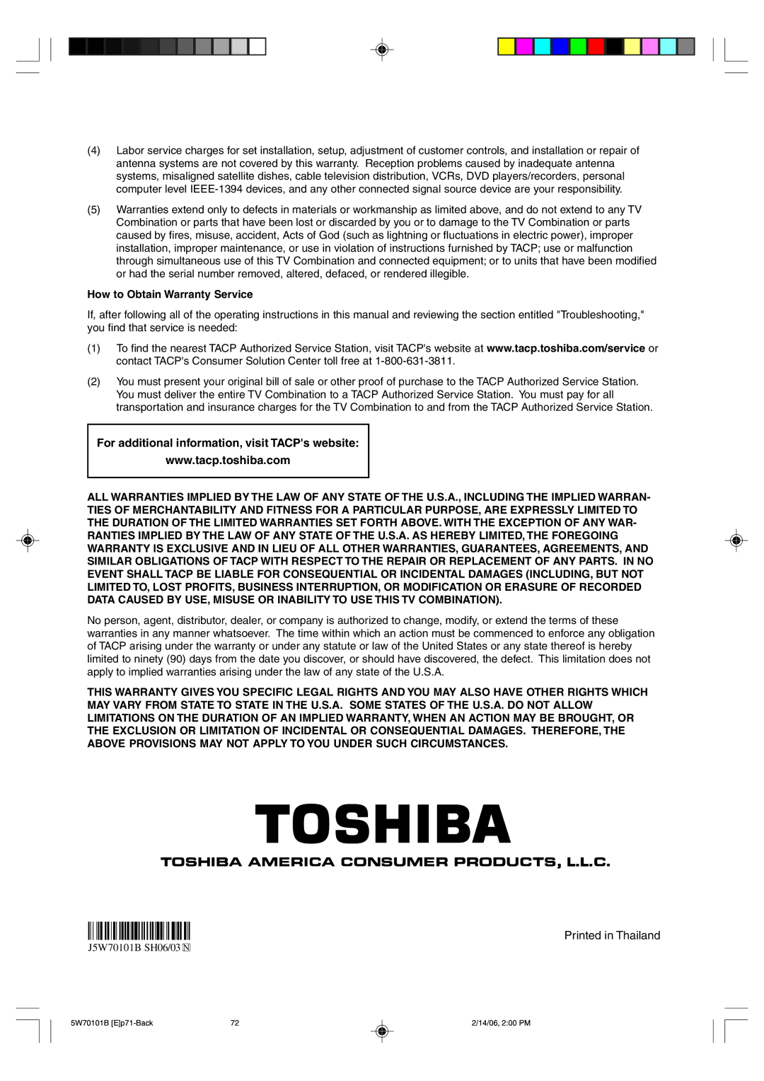 Toshiba MW24F52, MW20F52 owner manual For additional information, visit TACPs website, How to Obtain Warranty Service 