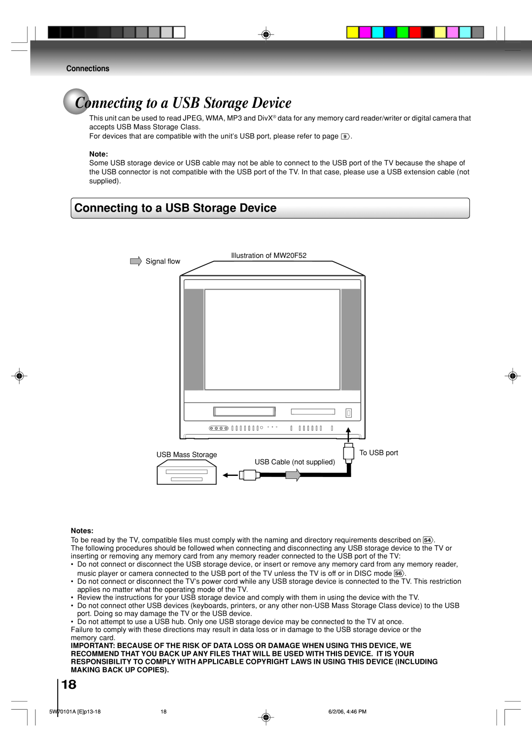 Toshiba MW24F52, MW20F52 owner manual Connecting to a USB Storage Device, Connections 