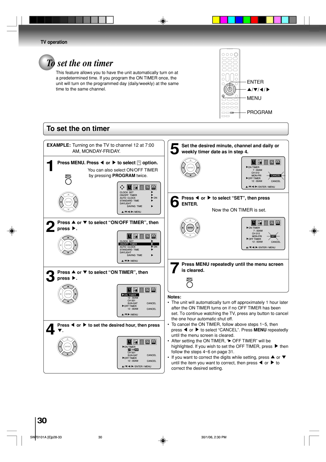 Toshiba MW24F52, MW20F52 owner manual To set the on timer, TV operation 