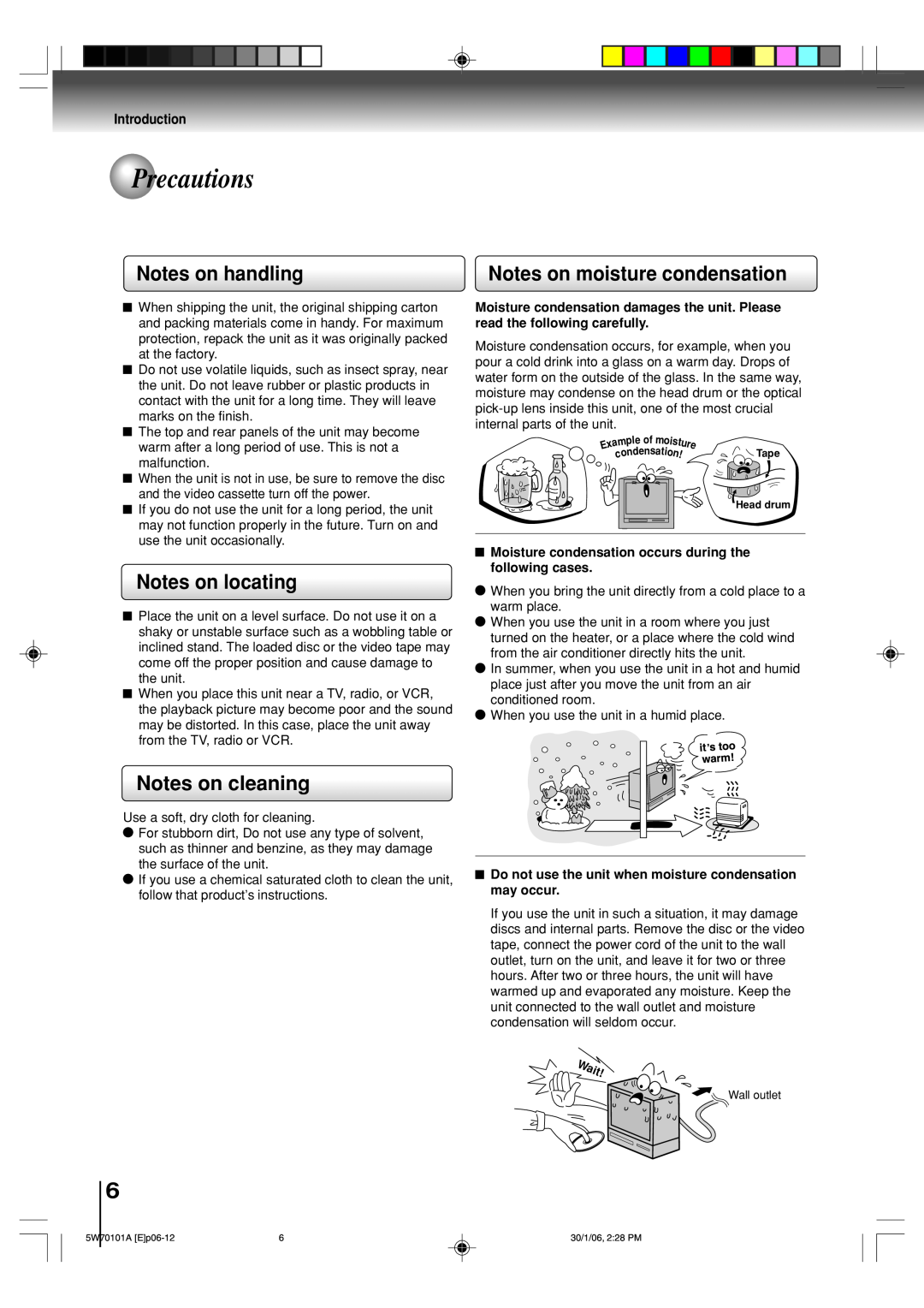 Toshiba MW24F52 Precautions, Notes on handling, Notes on moisture condensation, Notes on locating, Notes on cleaning, Wait 