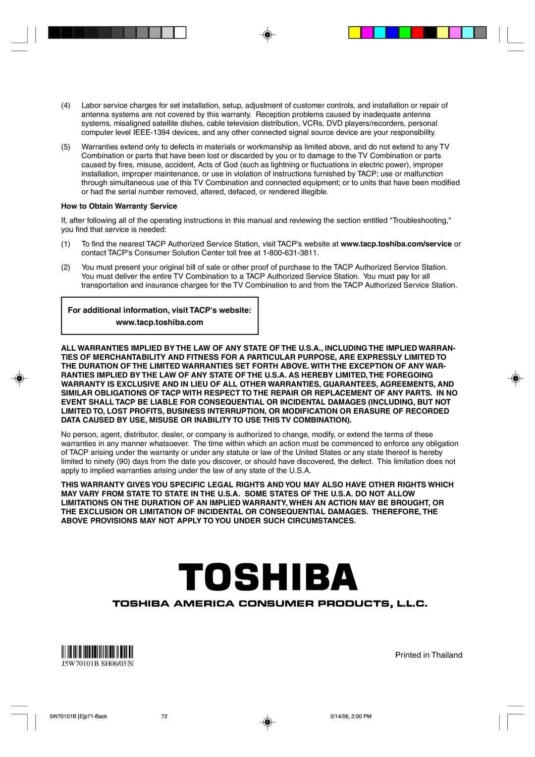 Toshiba MW24F52, MW20F52 owner manual For additional information, visit TACPs website, Printed in Thailand 