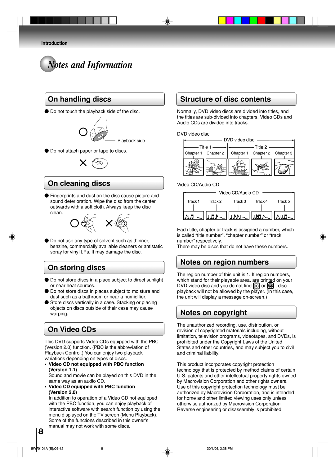 Toshiba MW24F52 Notes and Information, On handling discs, On cleaning discs, On storing discs, On Video CDs, Introduction 