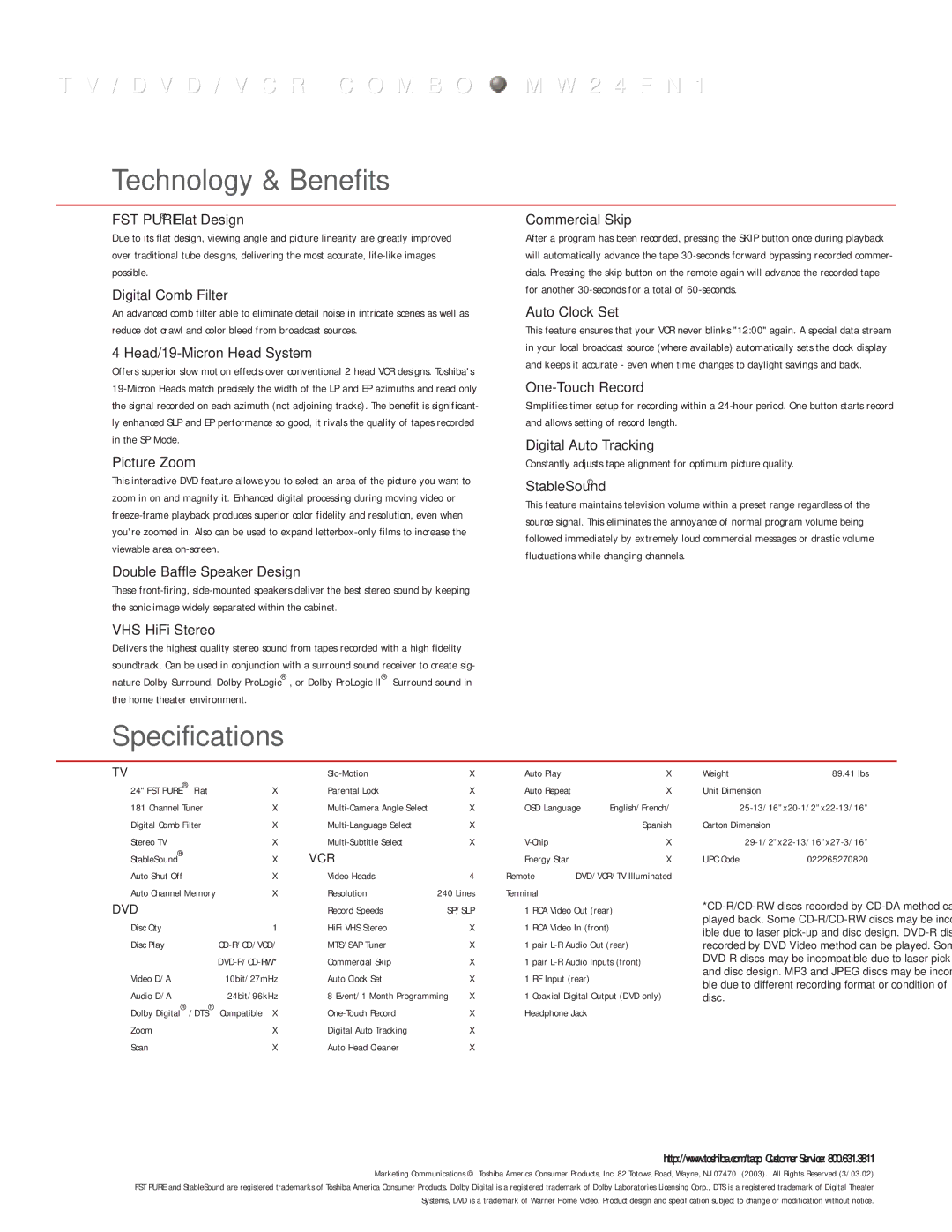 Toshiba MW24FN1 manual Technology & Benefits, Specifications 