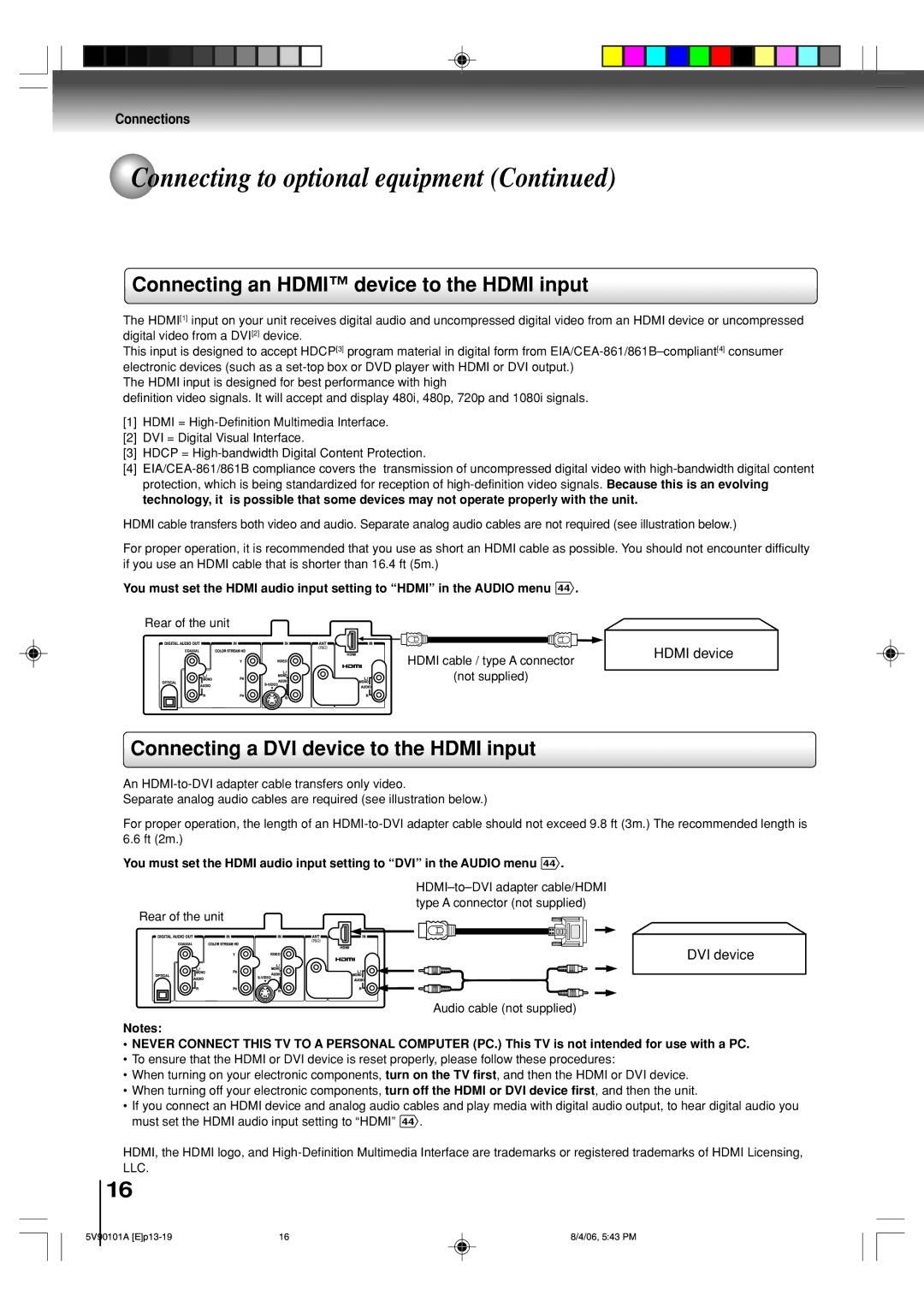 Toshiba MW26H82 owner manual Connecting an Hdmi device to the Hdmi input, Connecting a DVI device to the Hdmi input 