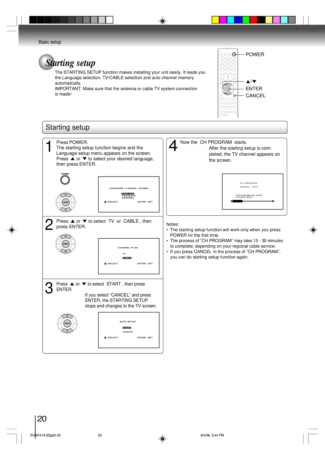 Toshiba MW26H82 owner manual Starting setup, Basic setup, Enter 