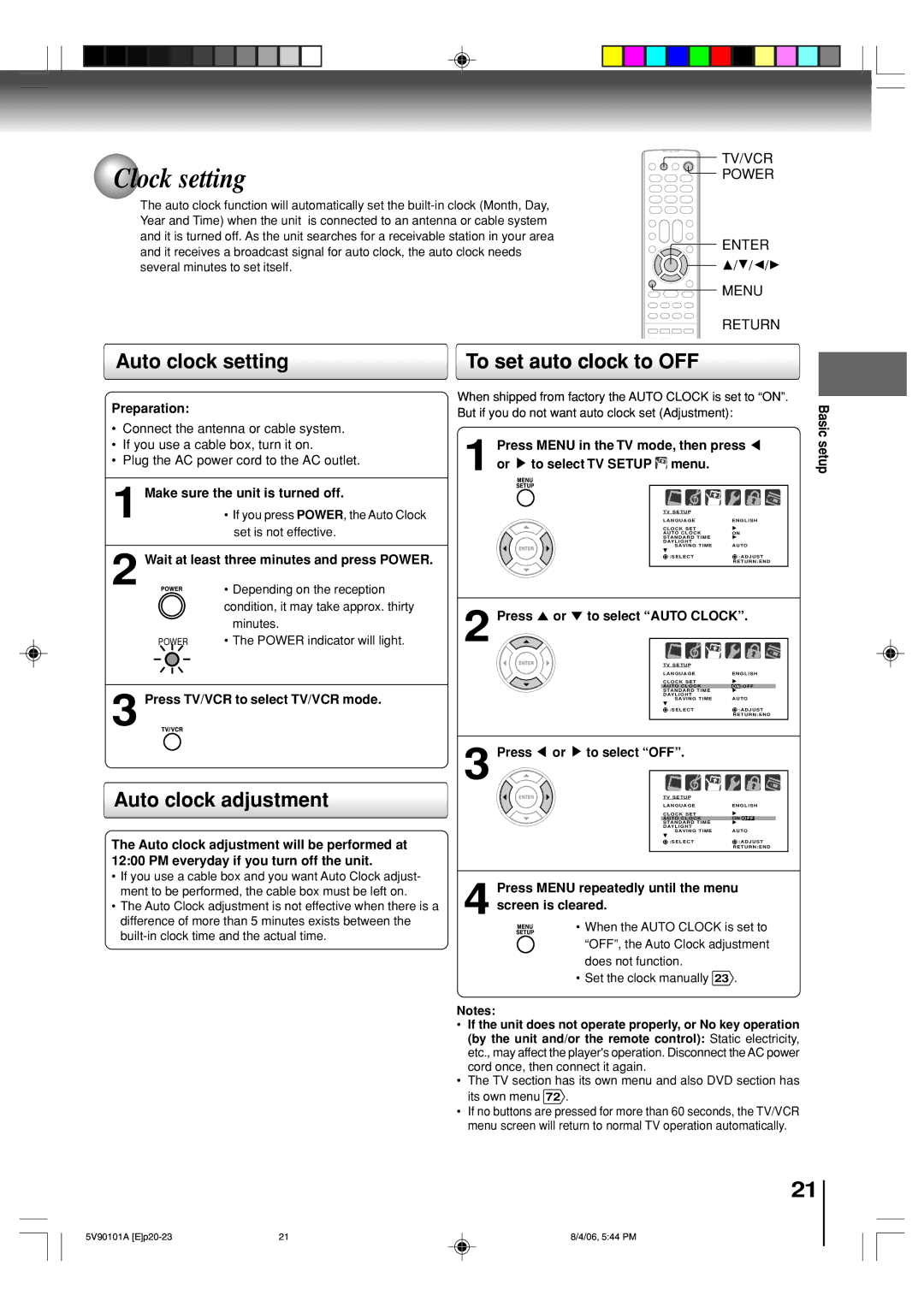 Toshiba MW26H82 owner manual Clock setting, Auto clock setting To set auto clock to OFF, Auto clock adjustment 