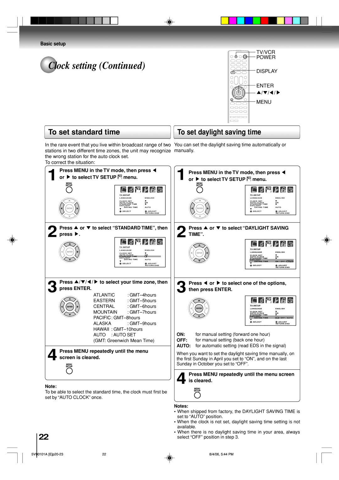 Toshiba MW26H82 owner manual To set standard time, Off, Auto 