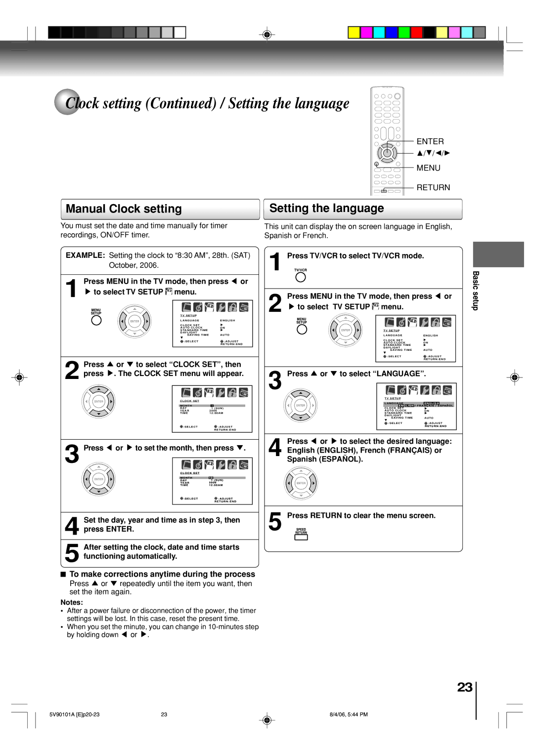 Toshiba MW26H82 Clock setting / Setting the language, Manual Clock setting, To make corrections anytime during the process 