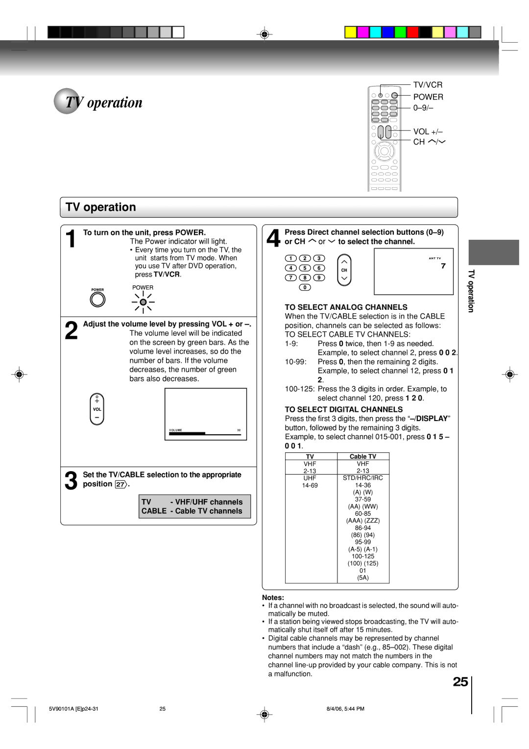 Toshiba MW26H82 owner manual TV operation, To Select Analog Channels, To Select Digital Channels 