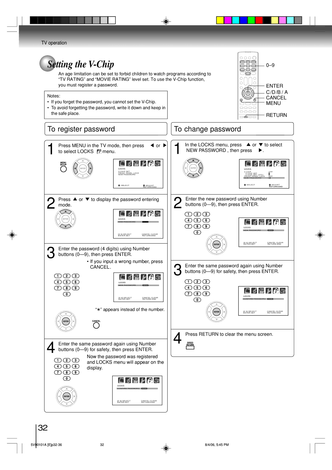 Toshiba MW26H82 owner manual Setting the V-Chip, To register password, To change password, Cancel 