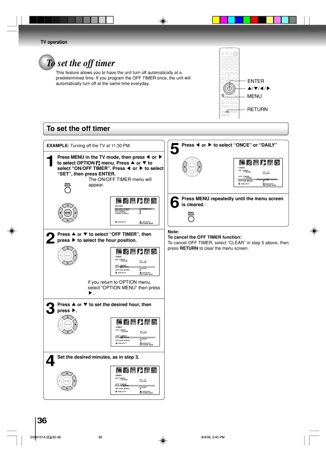 Toshiba MW26H82 owner manual To set the off timer 