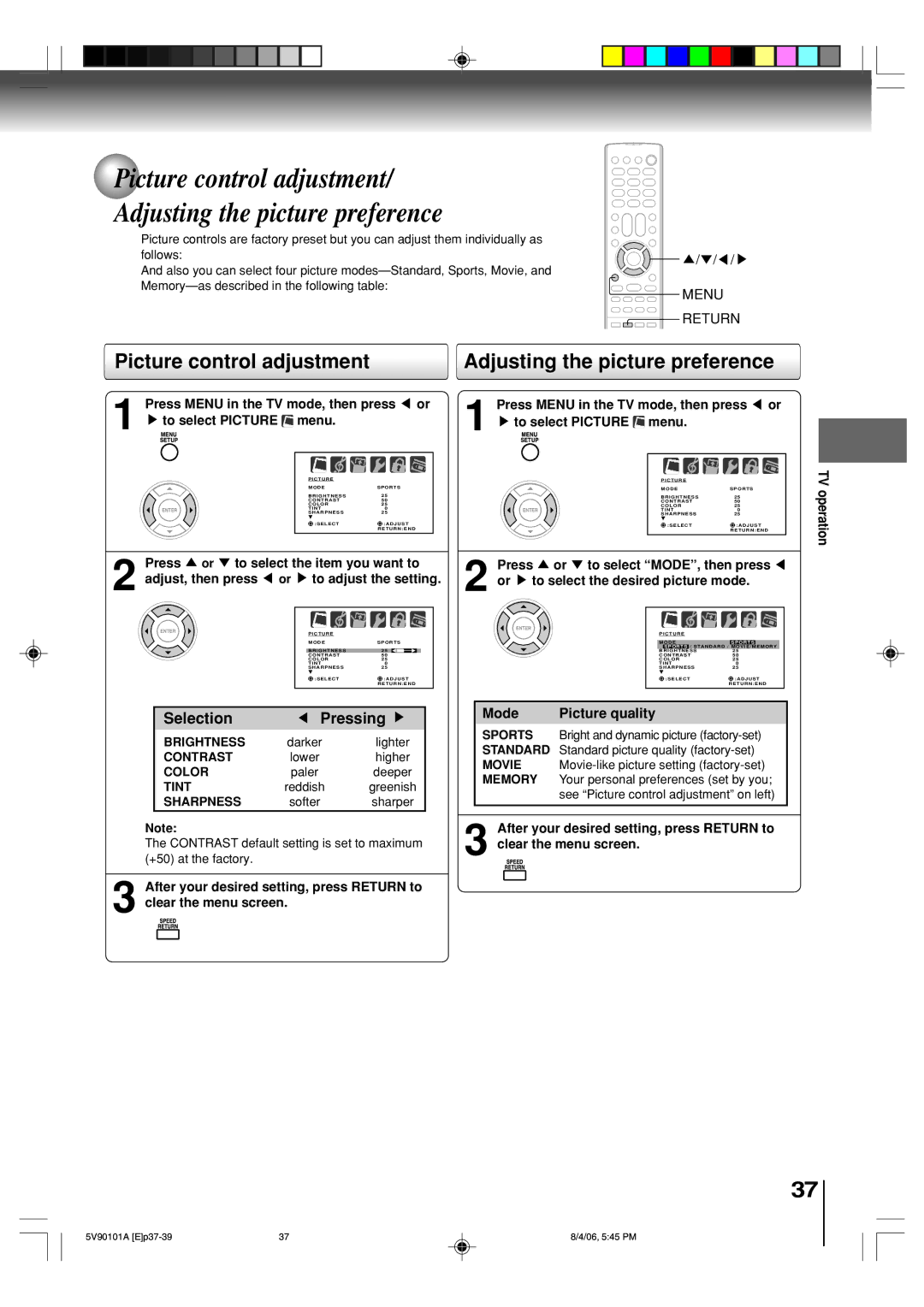 Toshiba MW26H82 owner manual Picture control adjustment Adjusting the picture preference, Mode Picture quality 