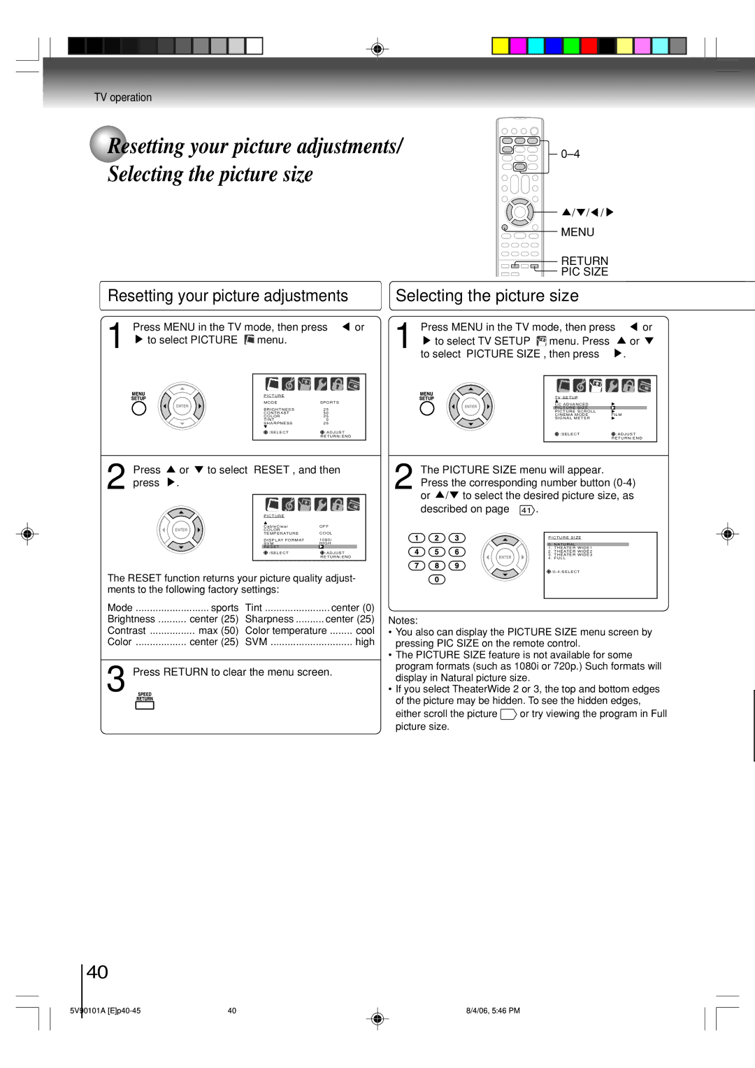 Toshiba MW26H82 Press or to select RESET, and then press, Or / to select the desired picture size, as, Described on 